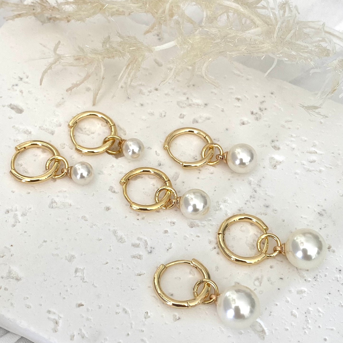 Pearl Drop Huggie Hoop Earrings 14K Gold Plated