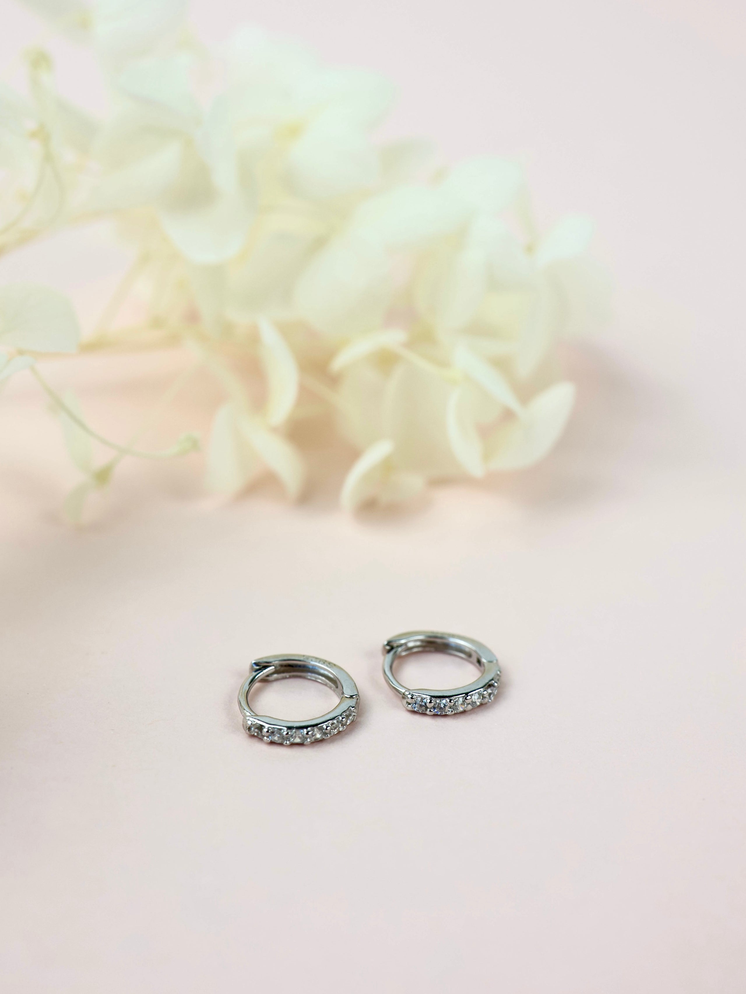 Amora Heart Charm Silver Hoop Earrings B. 7mm Pave Huggie