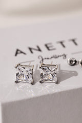 Princess cut CZ stud earrings in 9mm, 7mm, and 5mm, set in sterling silver