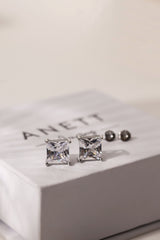 Princess cut CZ stud earrings in 9mm, 7mm, and 5mm, set in sterling silver