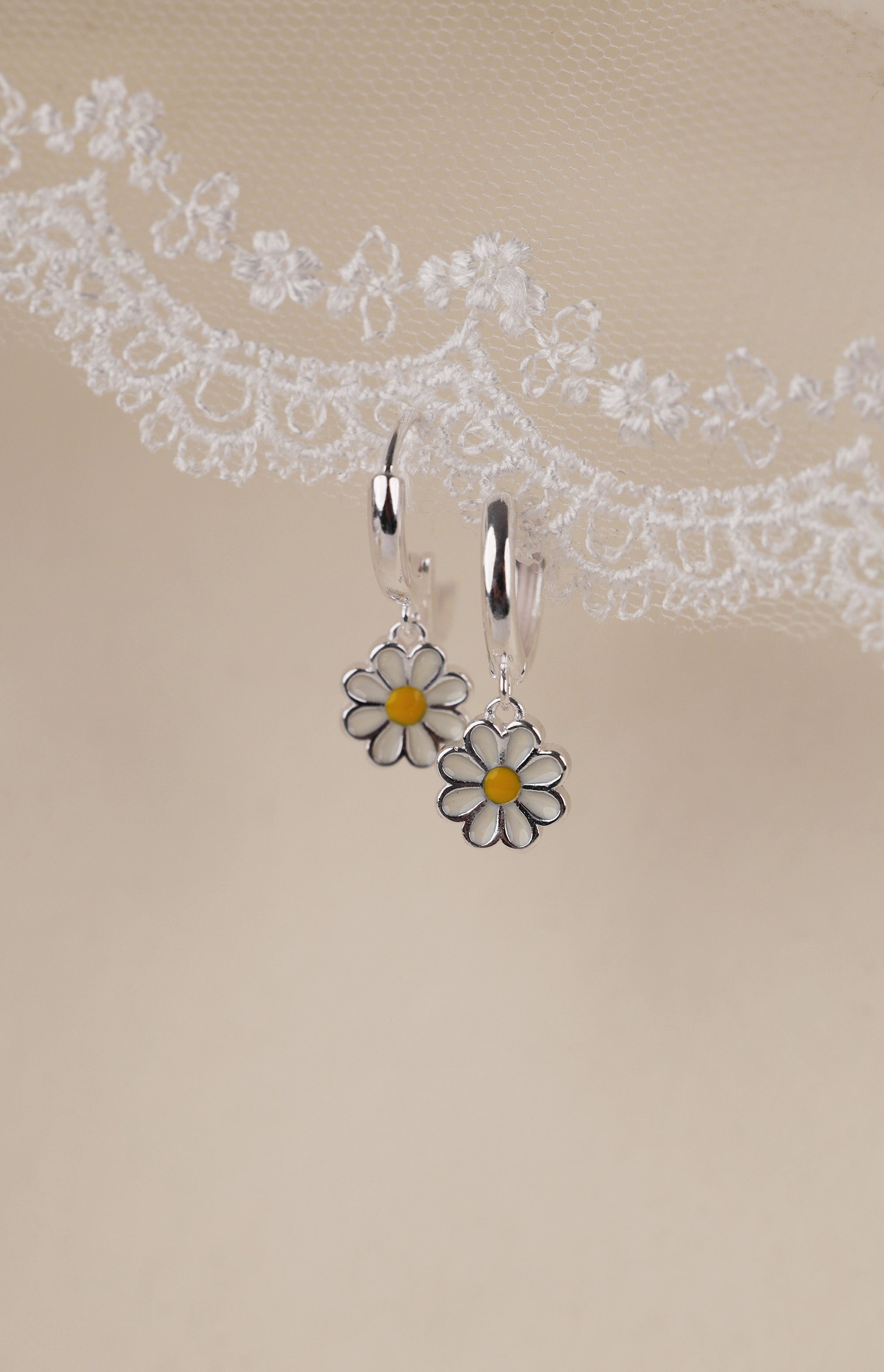 Daisy Dangle Hoop Earrings Silver - Sterling Silver