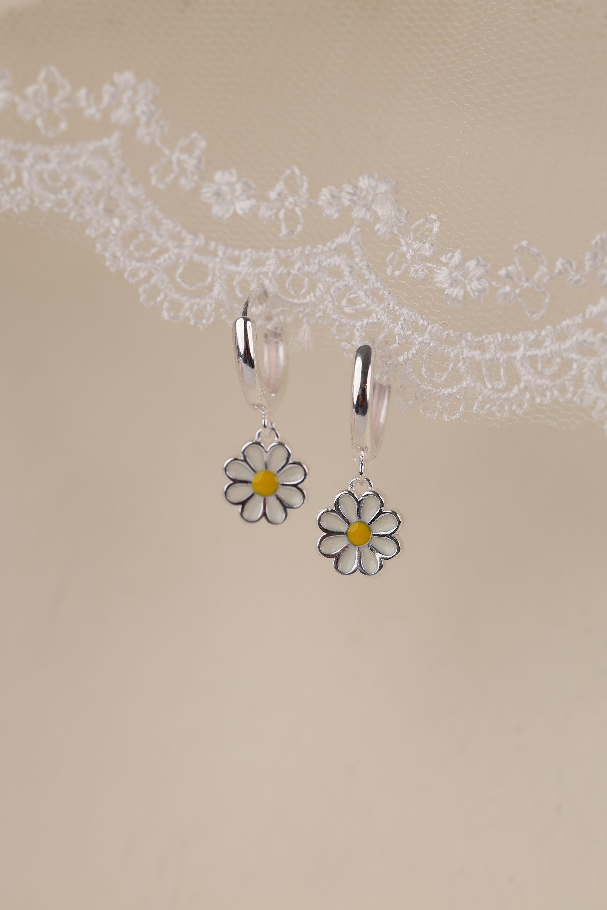 Daisy Dangle Hoop Earrings Silver - Sterling Silver