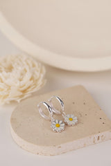 Daisy Dangle Hoop Earrings Silver - Sterling Silver