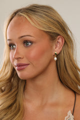 Vivienne gold pearl drop stud earrings — full view of the 27mm drop