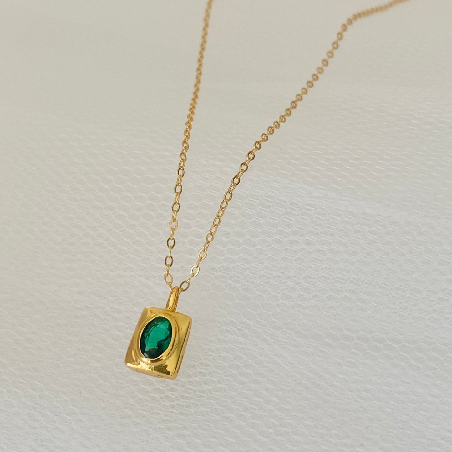 Emerald Green Square Pendant Gold Necklace