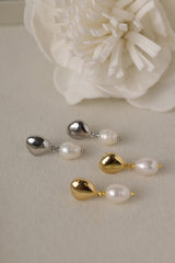 Vivienne pearl drop stud earrings shown in both gold and white gold plate