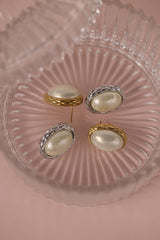 gold stainless steel oval pearl stud earrings 