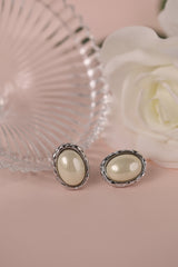 Silver stainless steel oval pearl stud earrings 