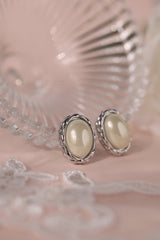 Silver stainless steel oval pearl stud earrings 