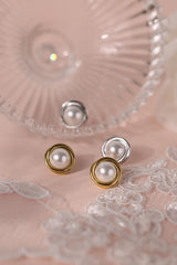 Gold and silver stainless steel pearl stud earrings 