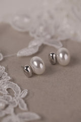 Stainless steel pearl stud earrings with a polished silver bead waterproof tarnish free bridemaid earrings