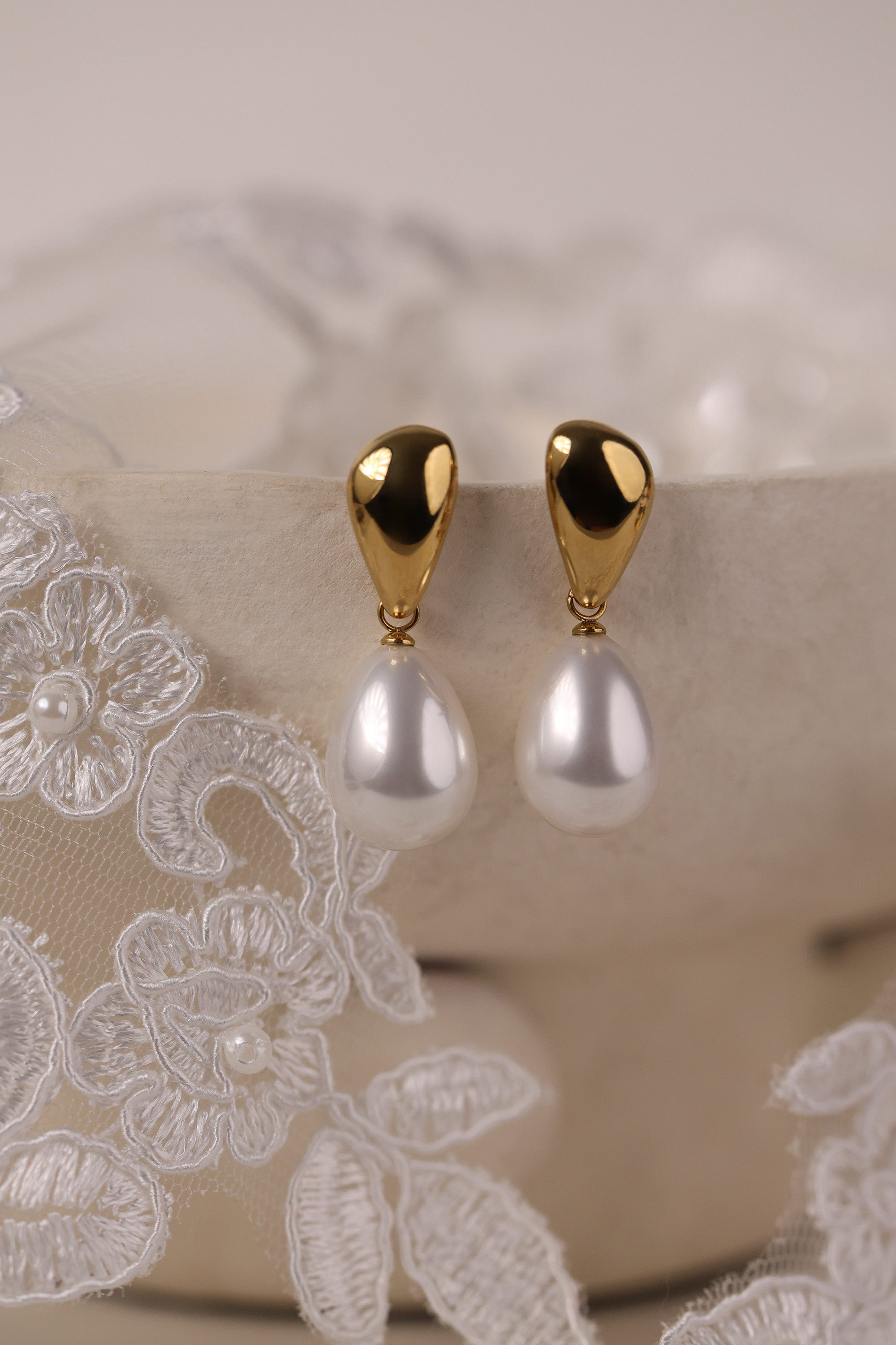 Lena Pearl Stud Drop Gold Earrings – Stainless Steel