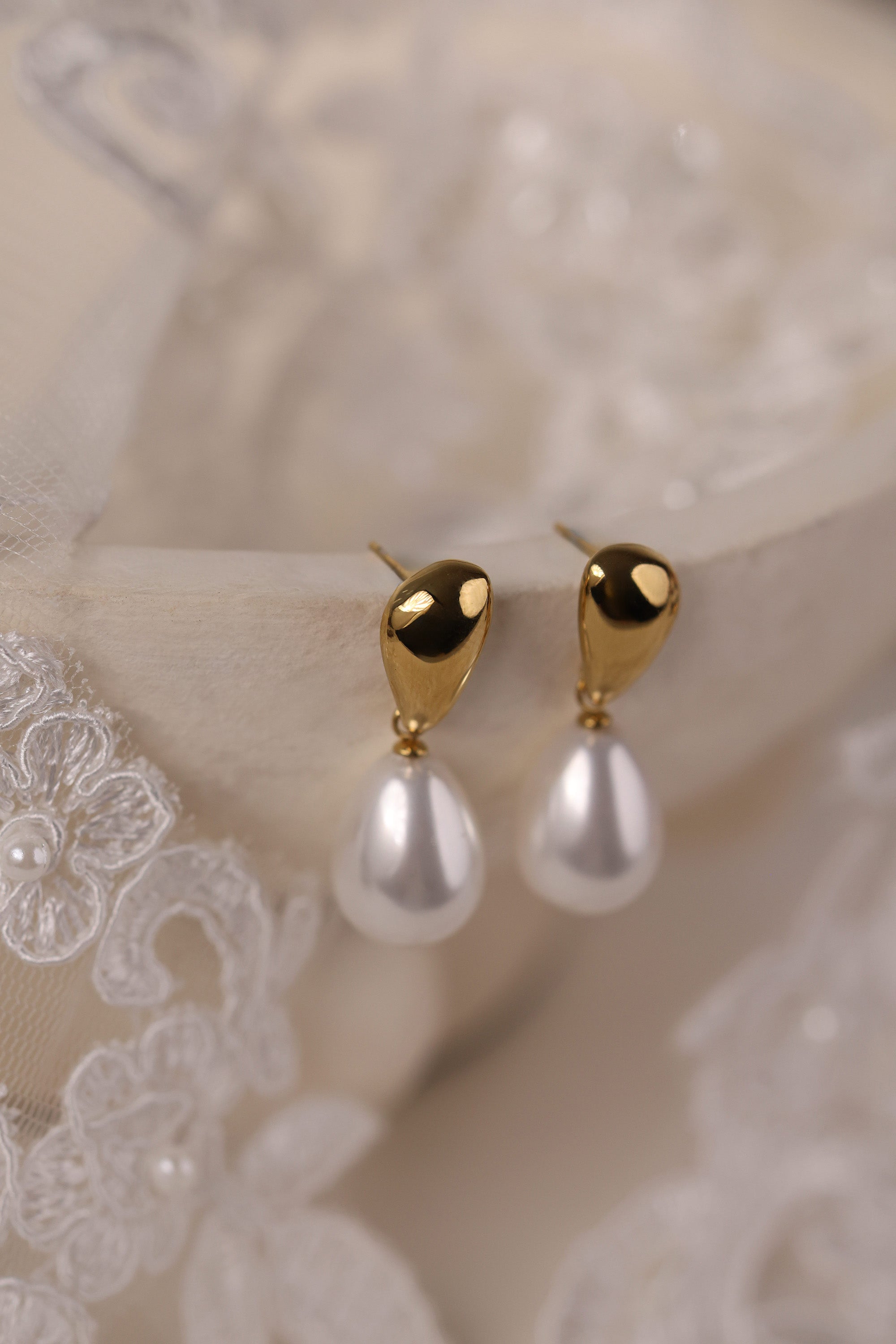 Lena Pearl Stud Drop Gold Earrings – Stainless Steel