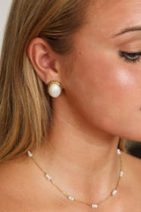 gold stainless steel oval pearl stud earrings 