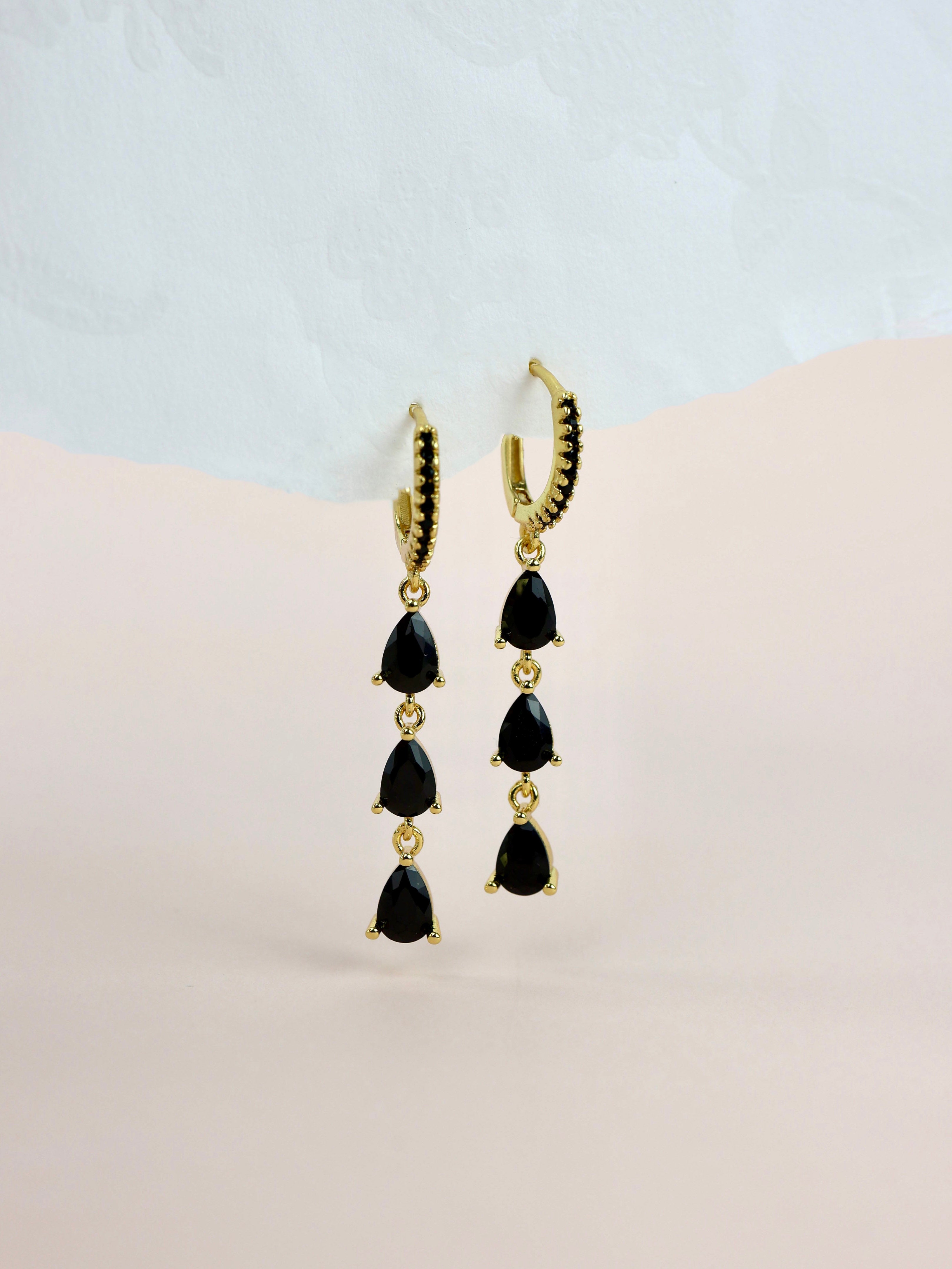 3 Teardrop Dangle Gold Earrings A. Black Teardrop