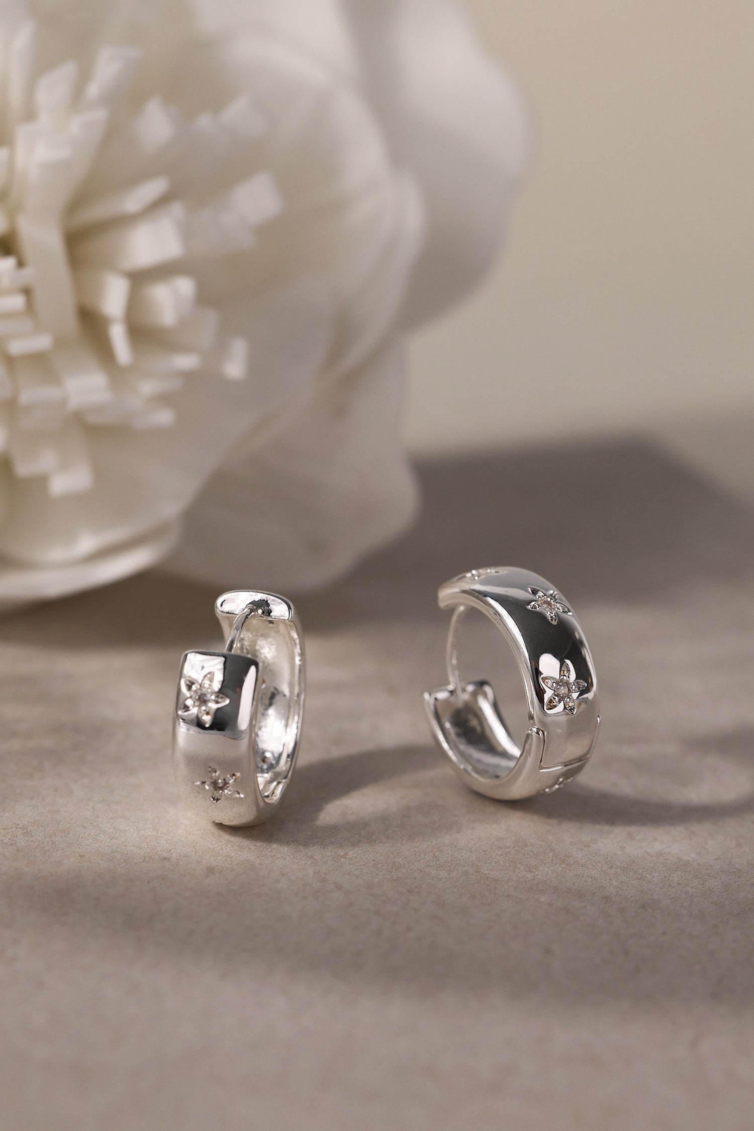 Wide Band Star Silver Hoop Earrings