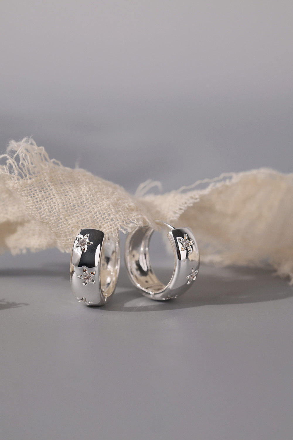 Wide Band Star Silver Hoop Earrings