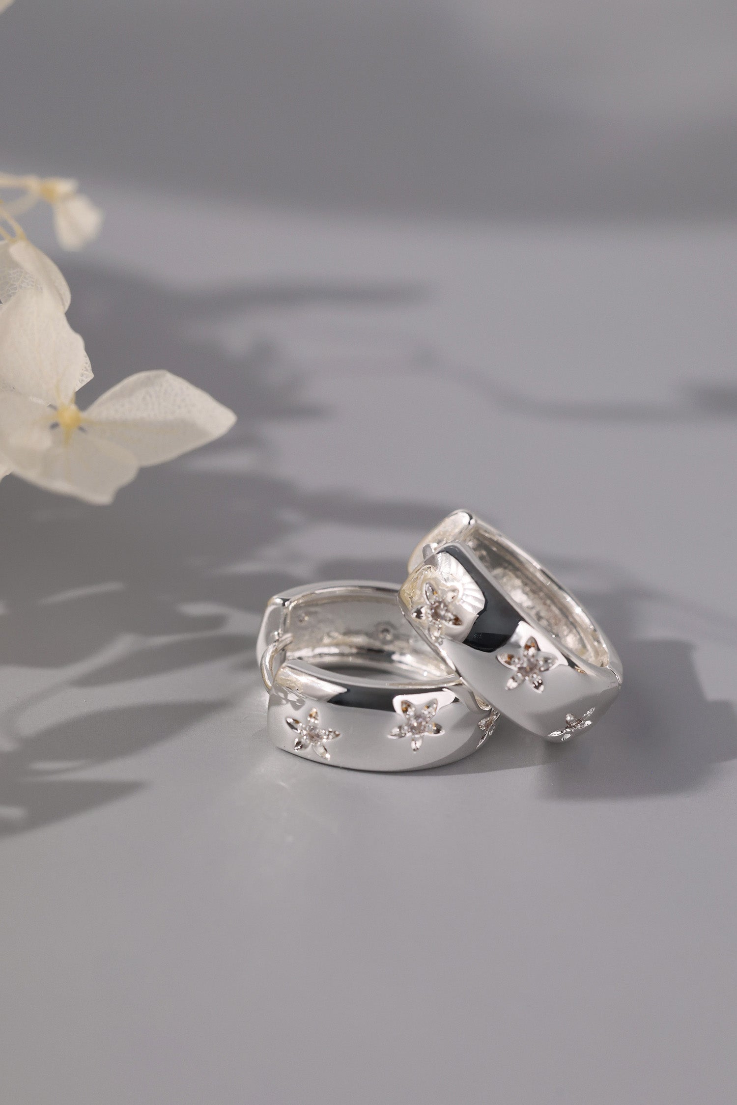 Wide Band Star Silver Hoop Earrings