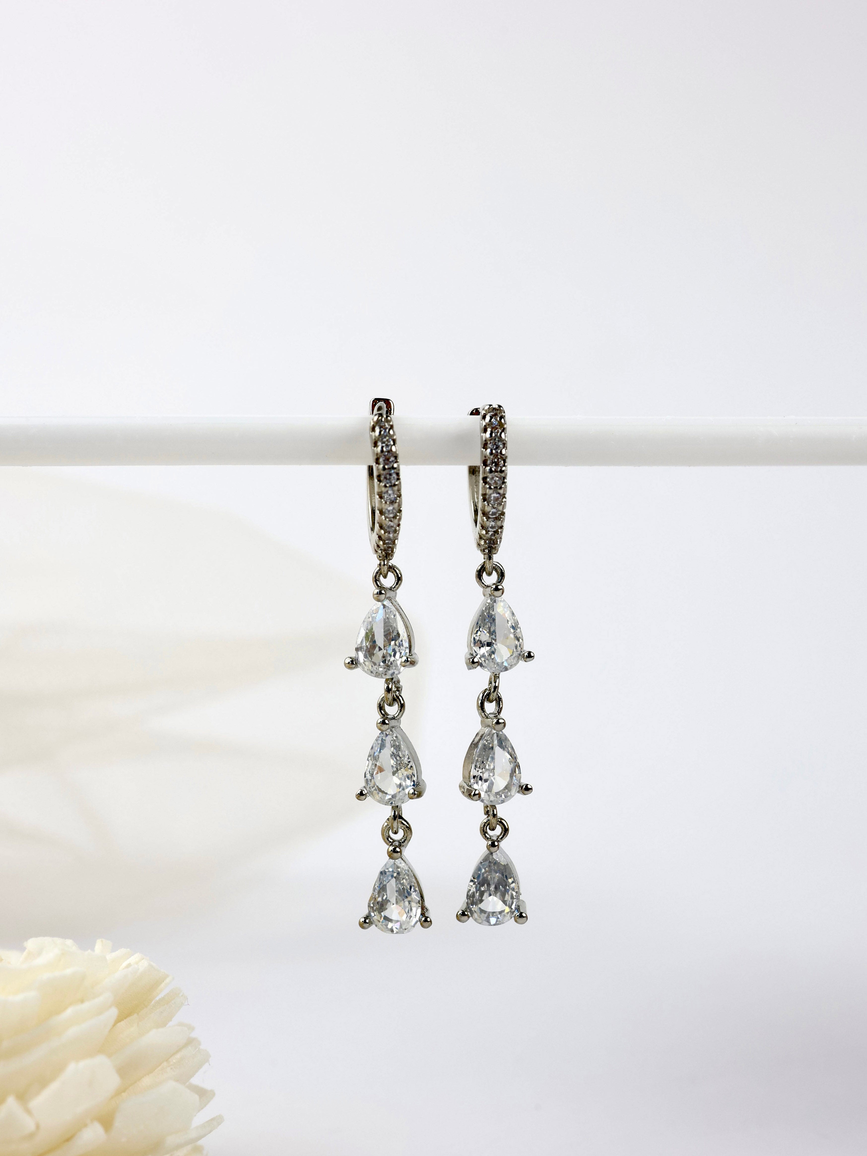 3 Teardrop Dangle Silver Earrings Clear