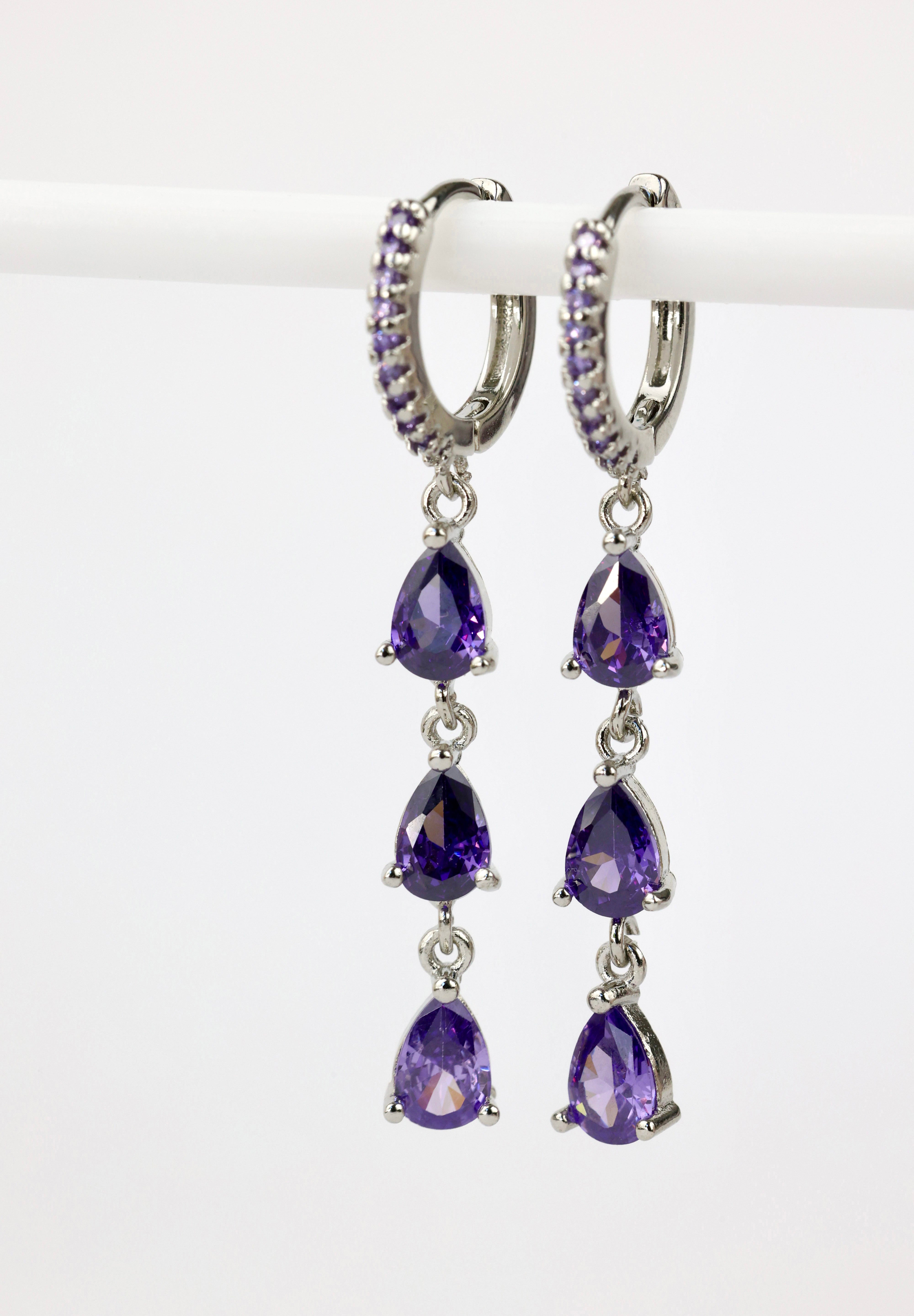 3 Teardrop Dangle Silver Earrings Purple