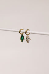 Emerald‑green teardrop cubic zirconia charm on a gold hoop, charm only, sterling silver base with 18k gold finish.