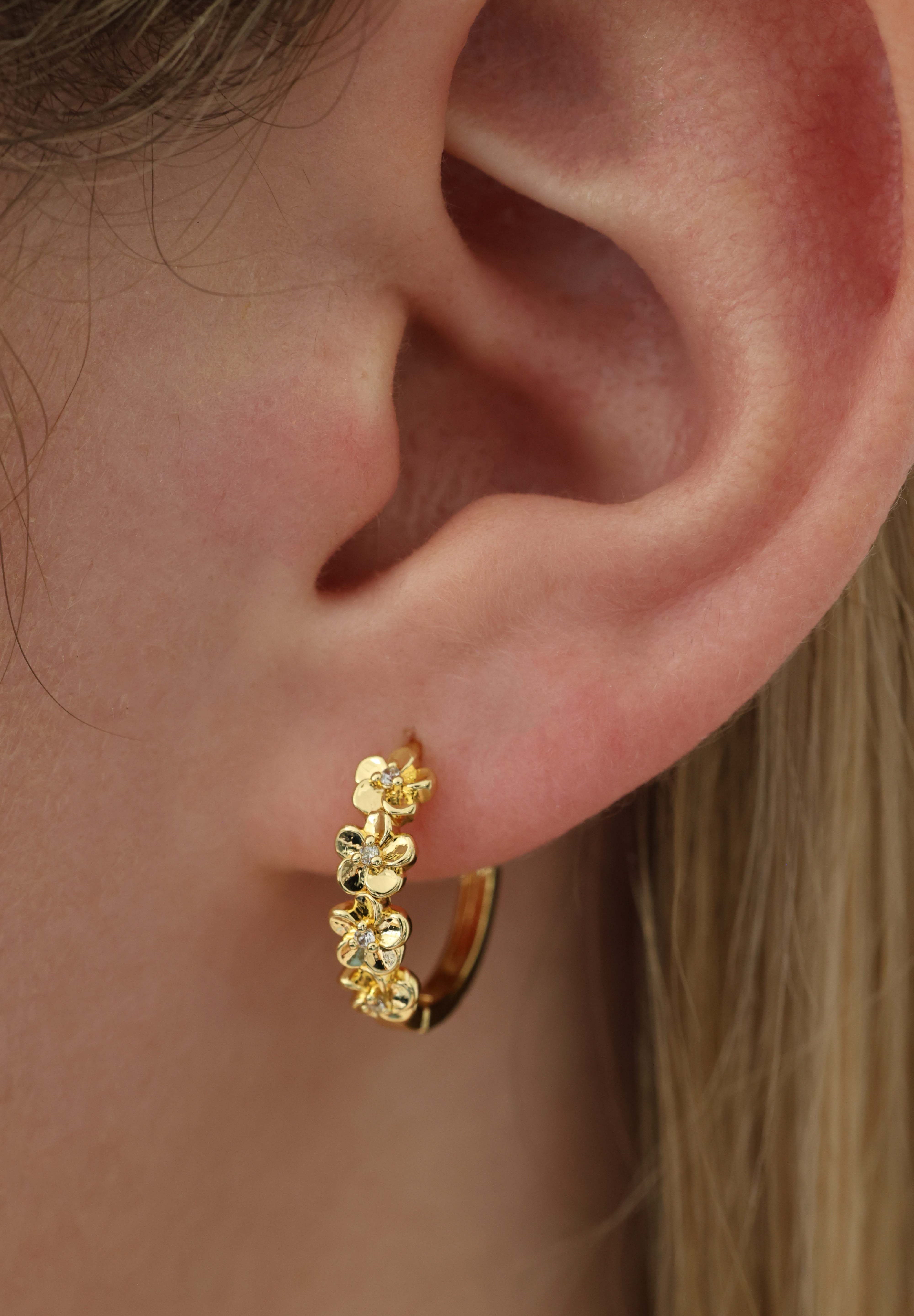 Double Primrose Flower Hoop Stacking Earrings- Gold