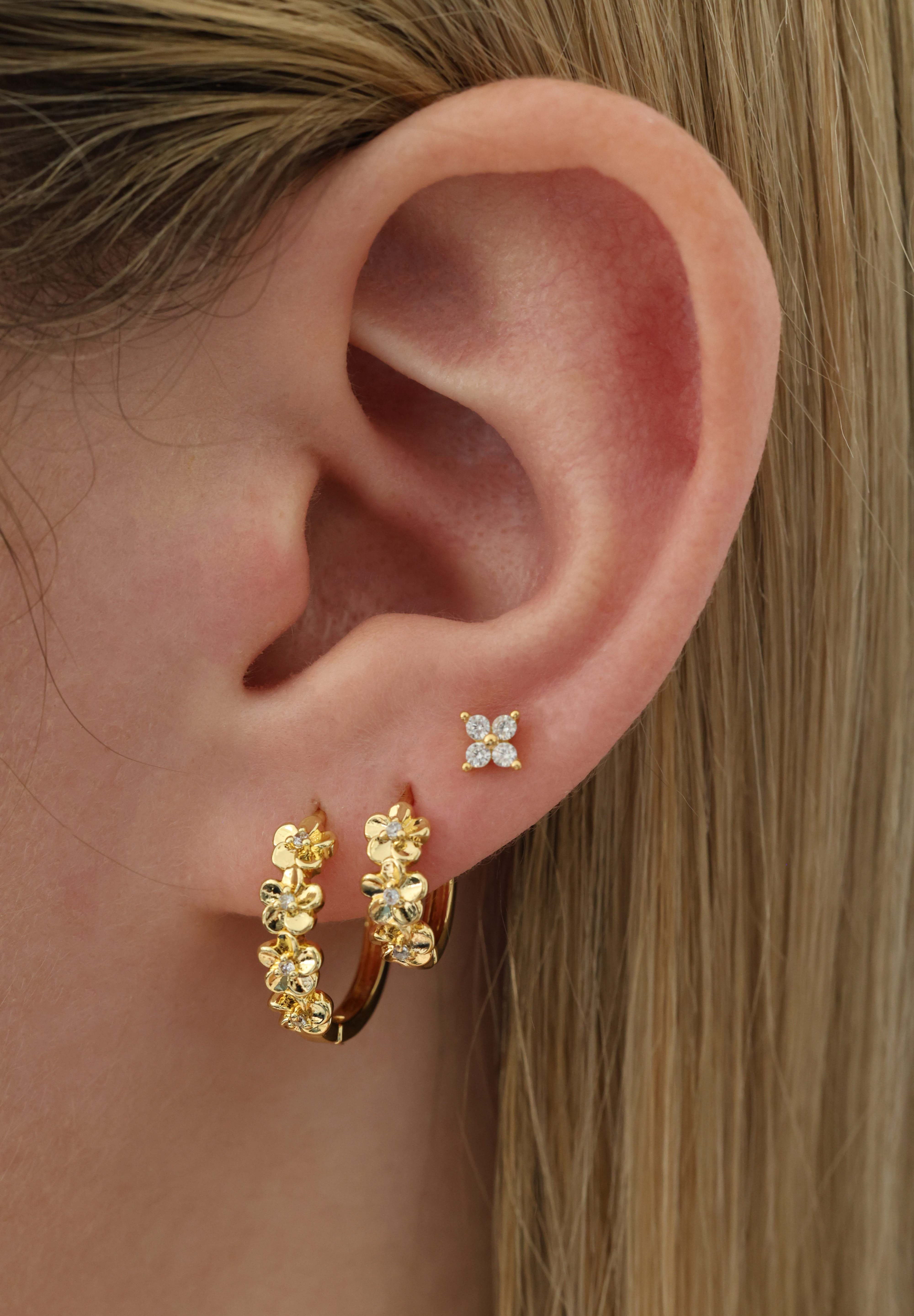 Double Primrose Flower Hoop Stacking Earrings- Gold A + B + C (6 earrings)