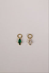 Emerald‑green teardrop cubic zirconia charm on a gold hoop, charm only, sterling silver base with 18k gold finish.