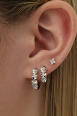 Primrose Flower Huggie Hoop Earrings- Silver