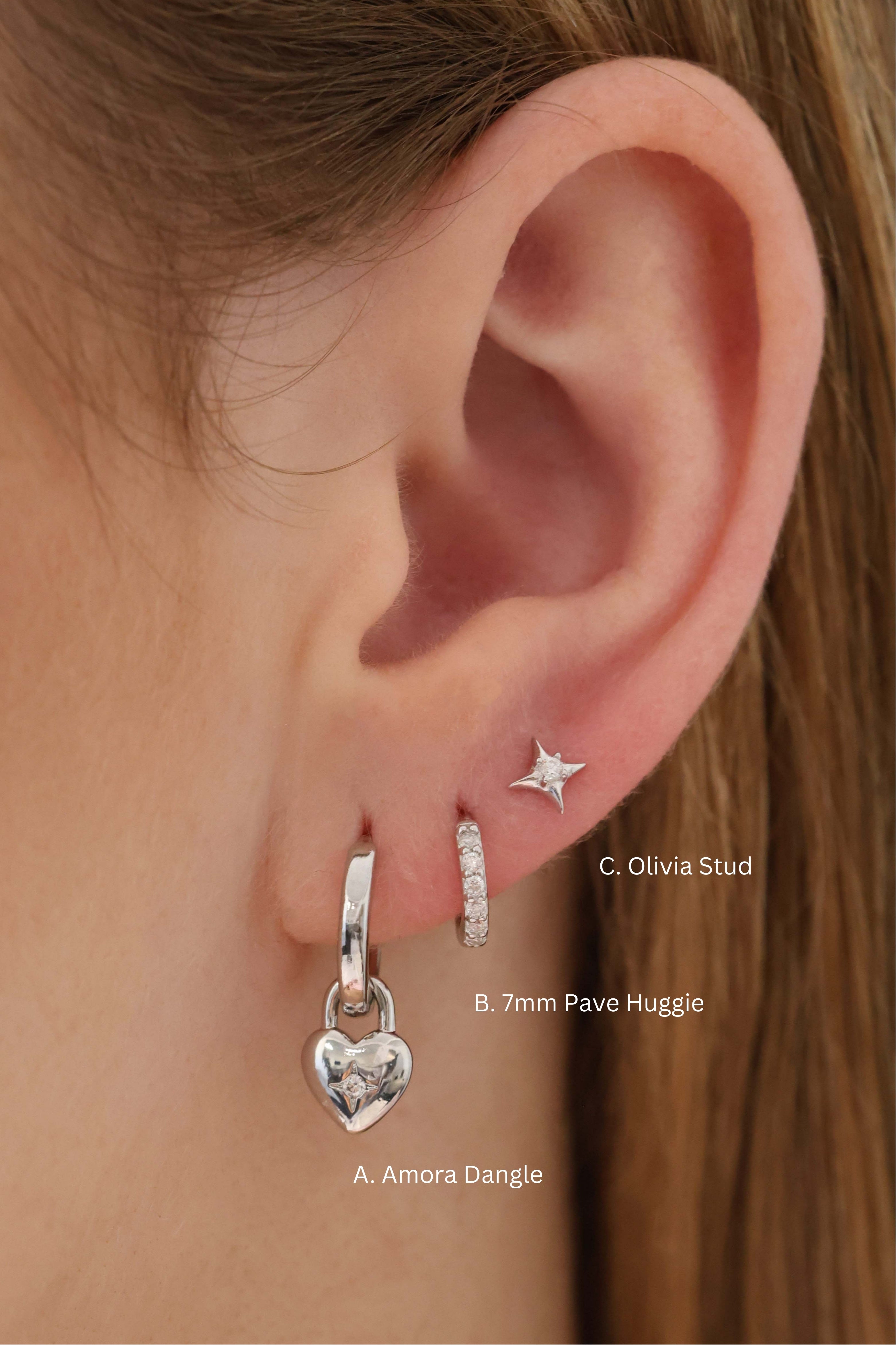 Amora Heart Charm Silver Hoop Earrings A + B + C (6 Earrings)