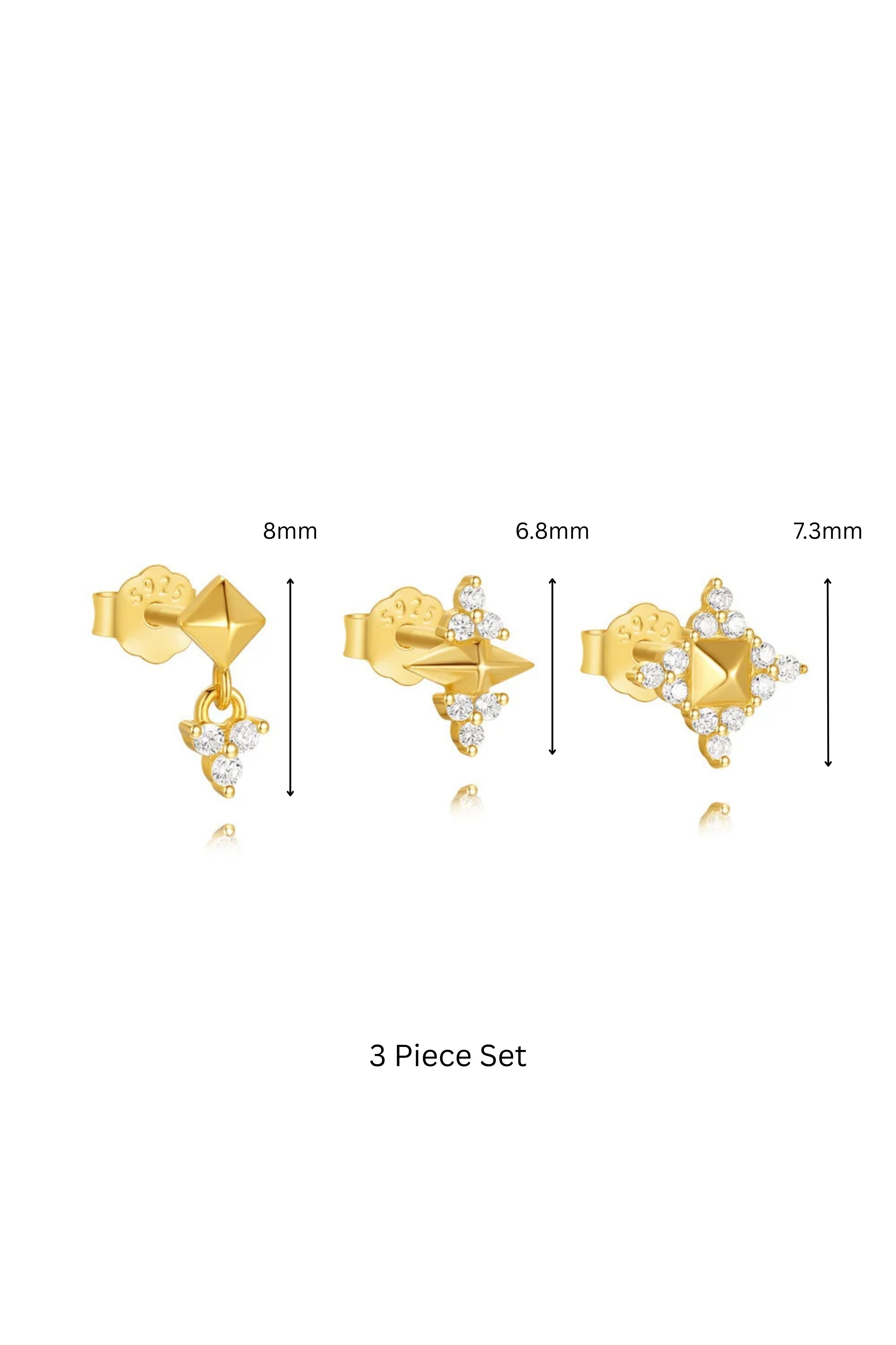 Three gold-colored geometric stud earrings shown on a white background with dimension labels indicating 8mm, 6.8mm, and 7.