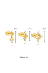 Three gold-colored geometric stud earrings shown on a white background with dimension labels indicating 8mm, 6.8mm, and 7.