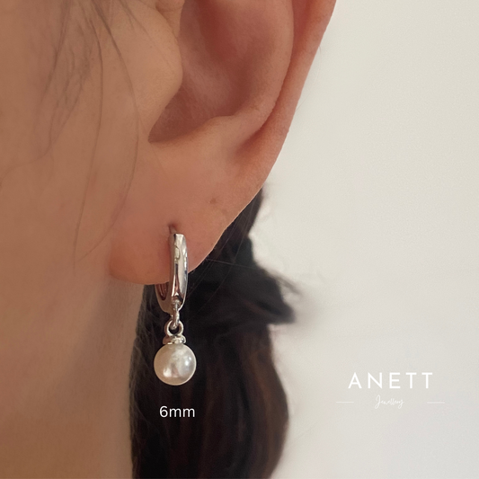 Pearl Dangle Earrings with Silver Hoop 6mm 8mm 10mm
