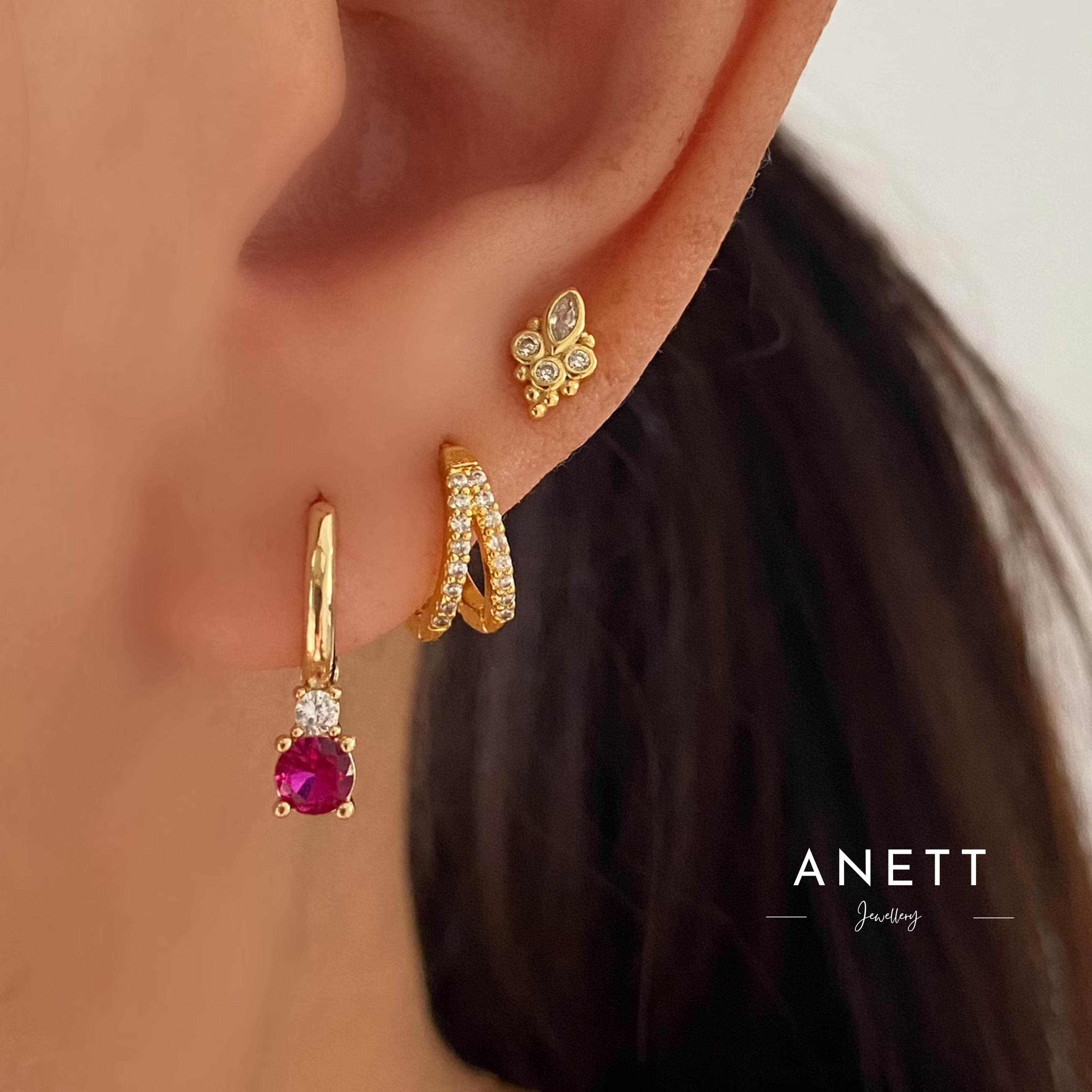 Gold Huggie Hoop Earrings with Colourful Gemstone