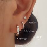 White Opal Silver Huggie Hoop Earrings