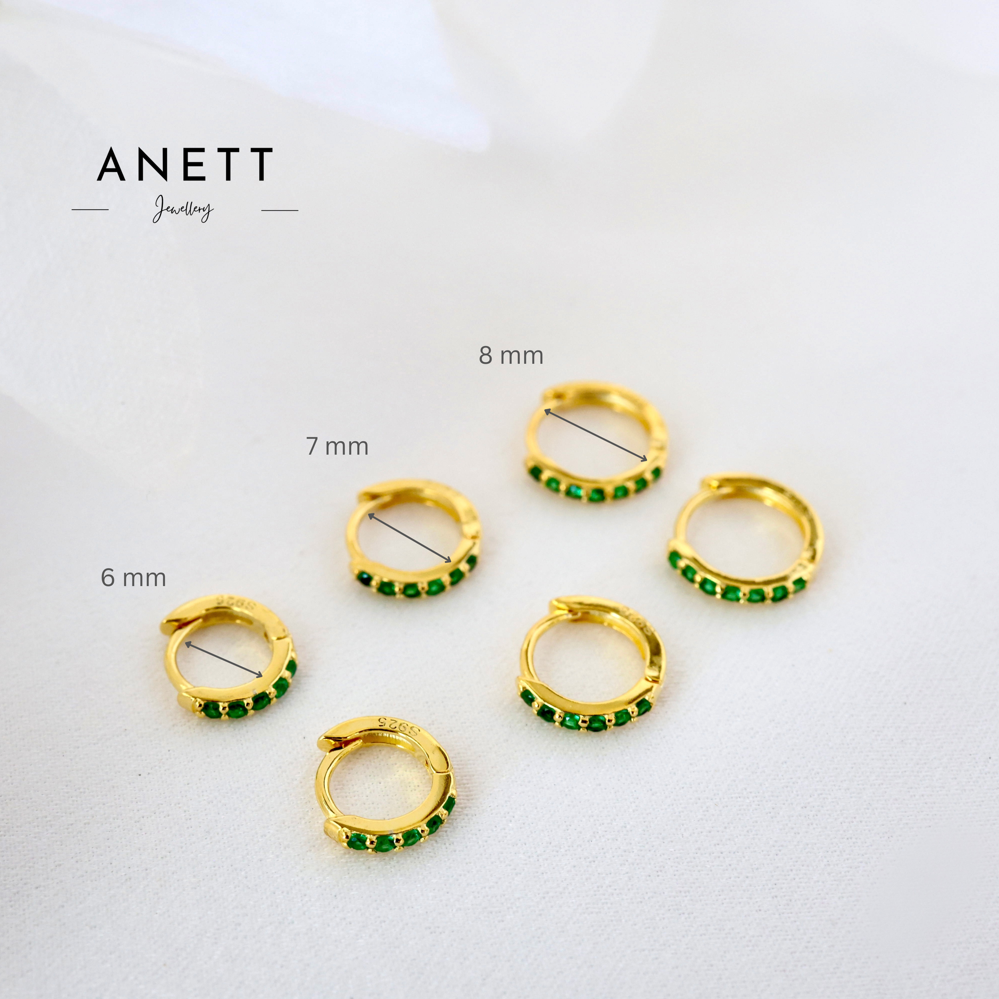 925 Sterling Silver Dainty Gold huggie Hoop Earrings Green CZ