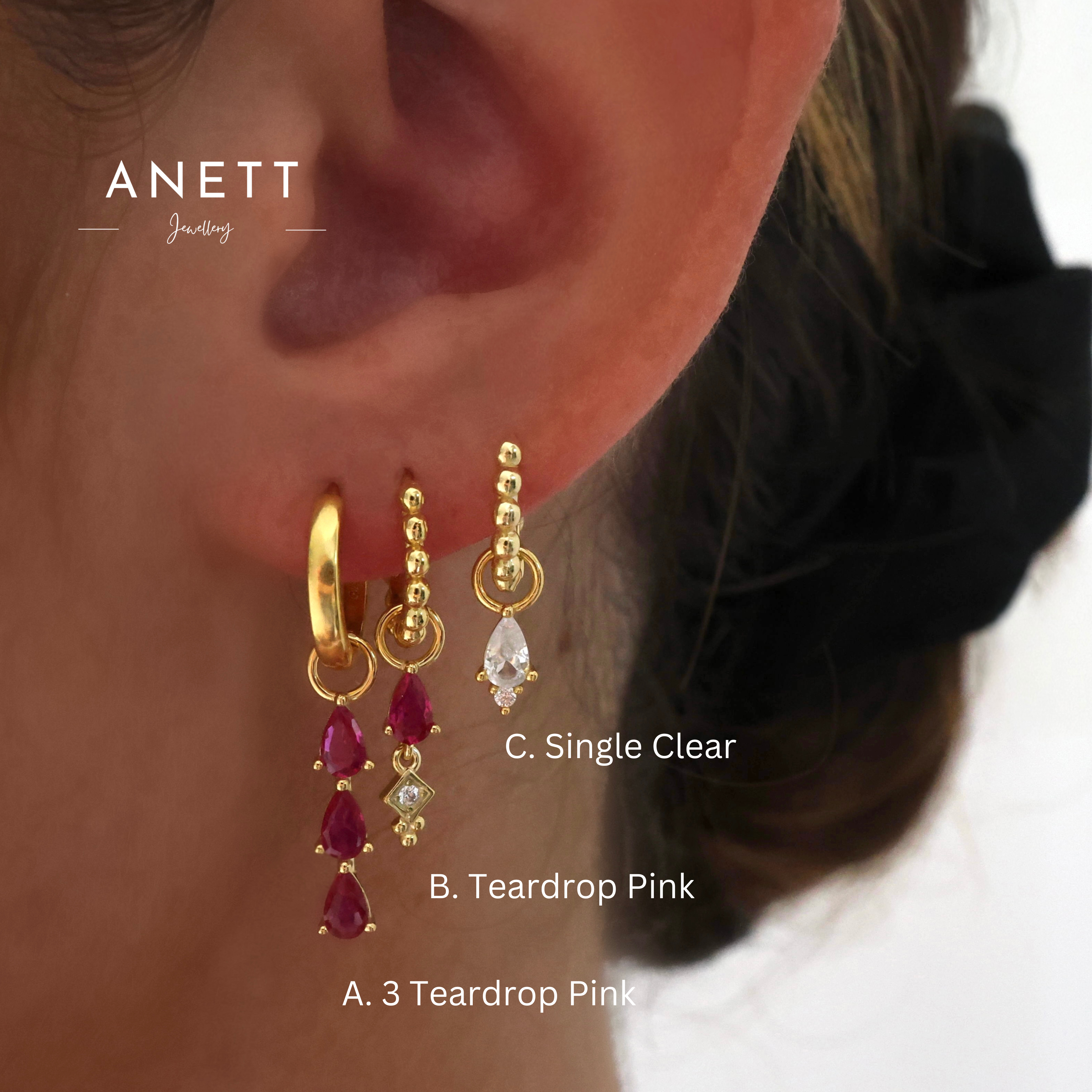 Pink 3 Teardrop Dangle Gold earring Stacks
