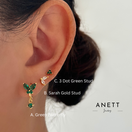 Butterfly CZ Dangle Gold Earrings GREEN