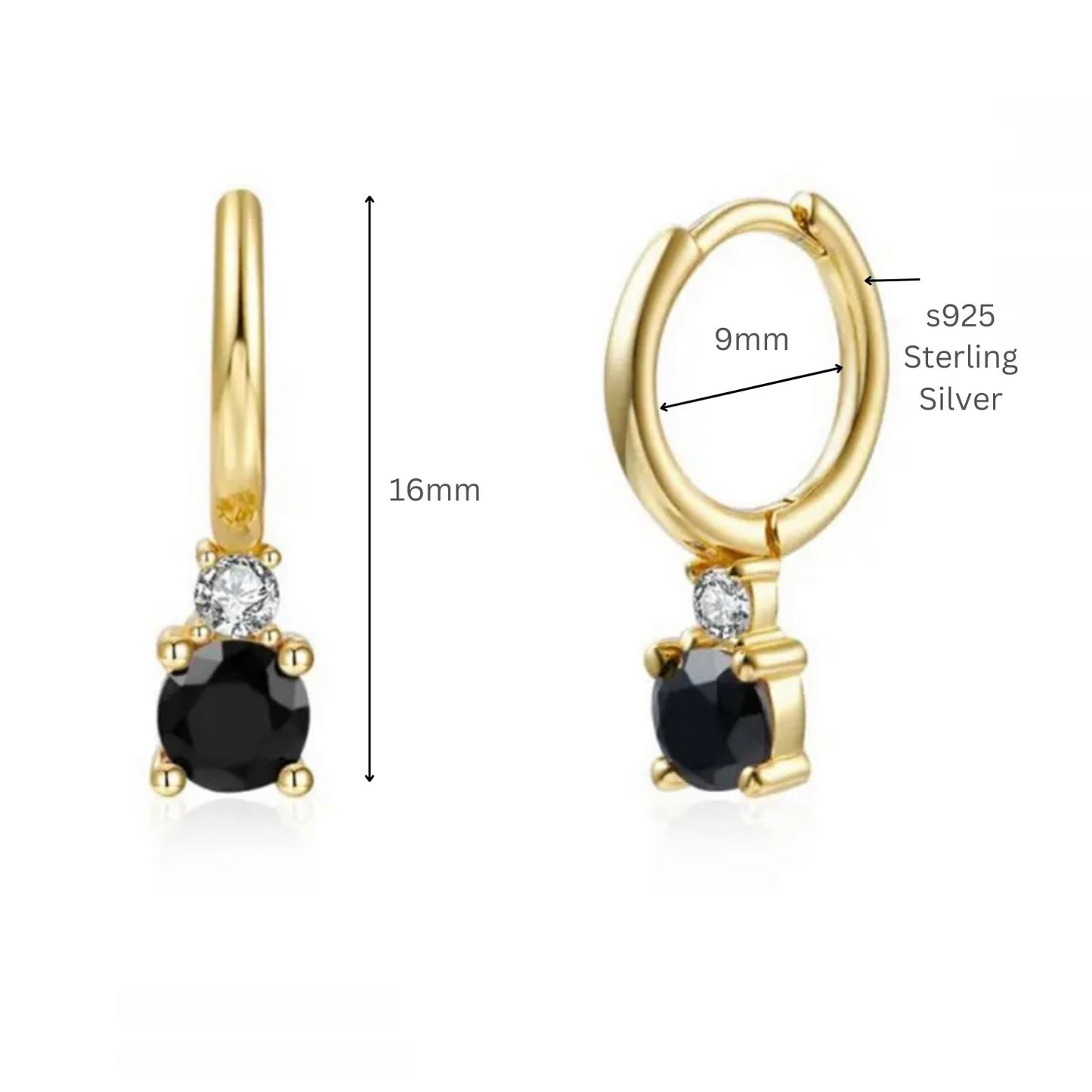 925 Sterling Silver Small Hoop Earrings Gold Dainty Crystal Stud BLACK