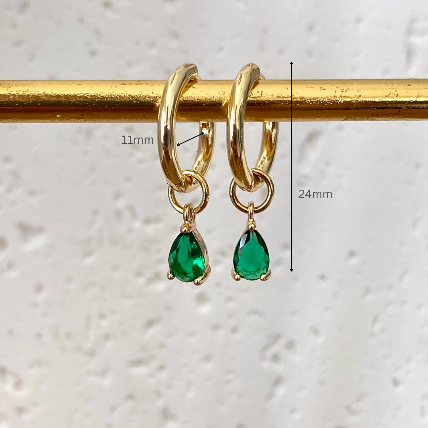 Teardrop CZ Charm 14k Gold Plated Hoop Emerald Green