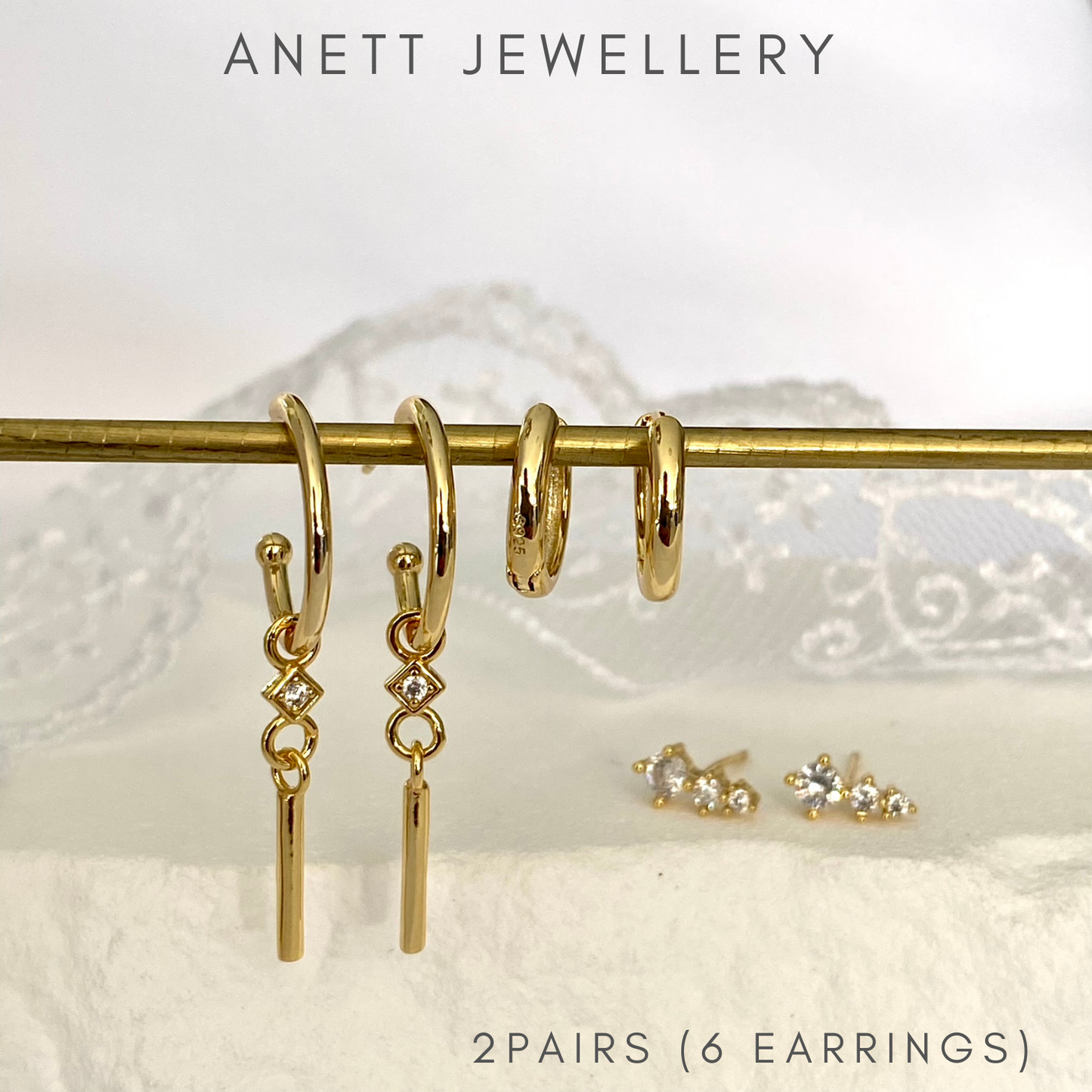 Dangly Ear Stack Set, 925 Sterling Silver 18k Gold Plated, Gold Huggie Hoop, Cubic Stud Earring, Gift for her, 3 pieces Gold Earring Set