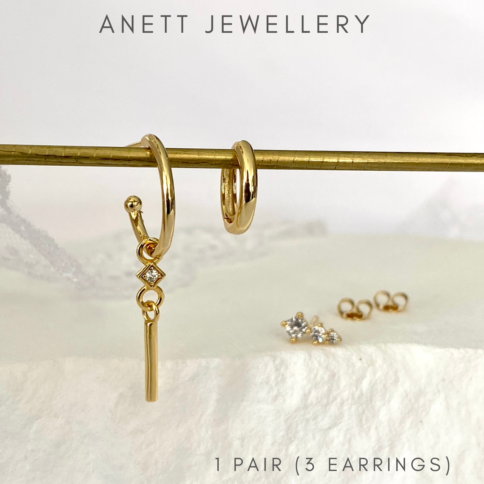 Silver Ear Stack Dangly Ear Stack Set – 18K on 925 Silver, 3-Piece Gift Set – ANETT