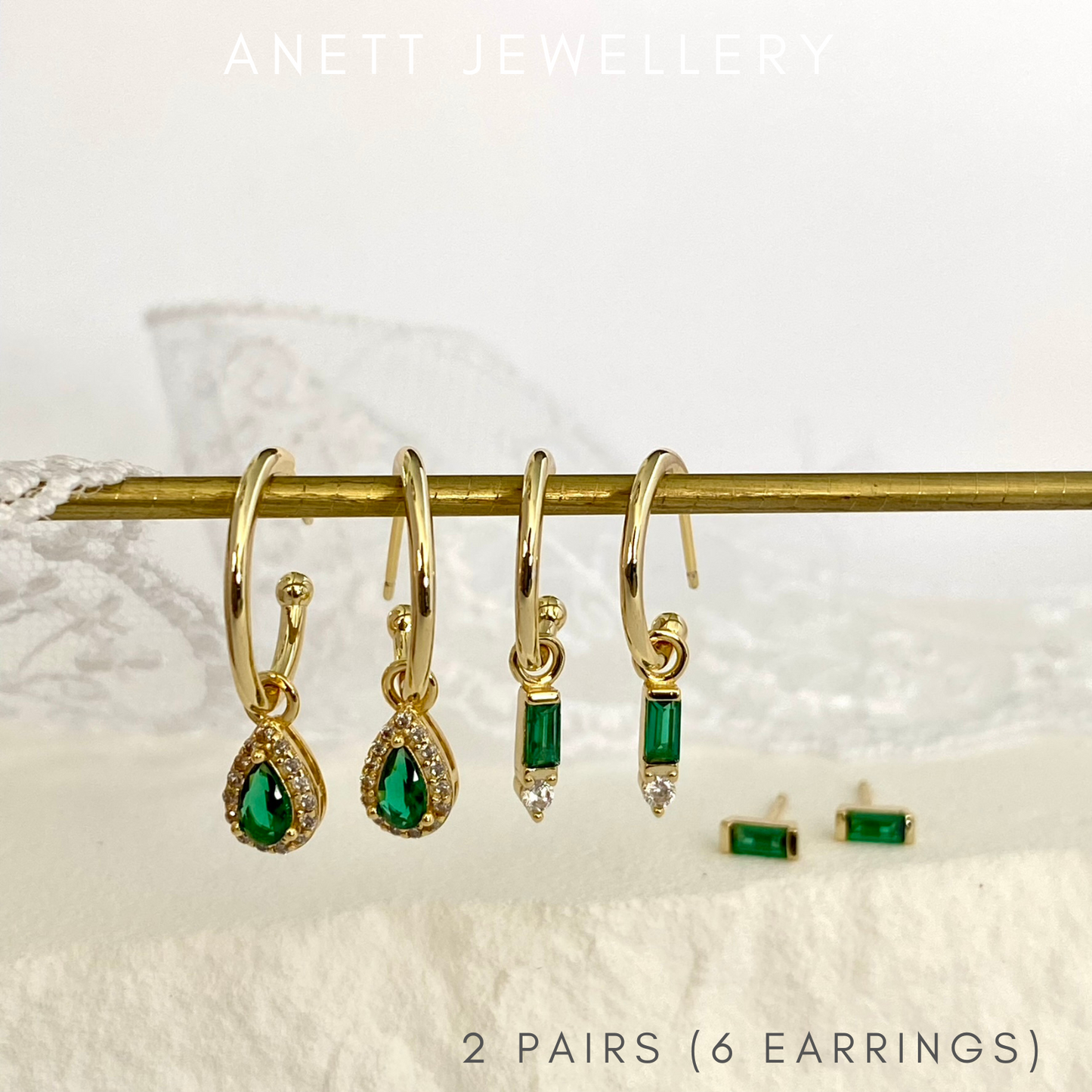 Green Dangly Ear Stack Set, 925 Sterling Silver 3 pieces Gold Earring Set