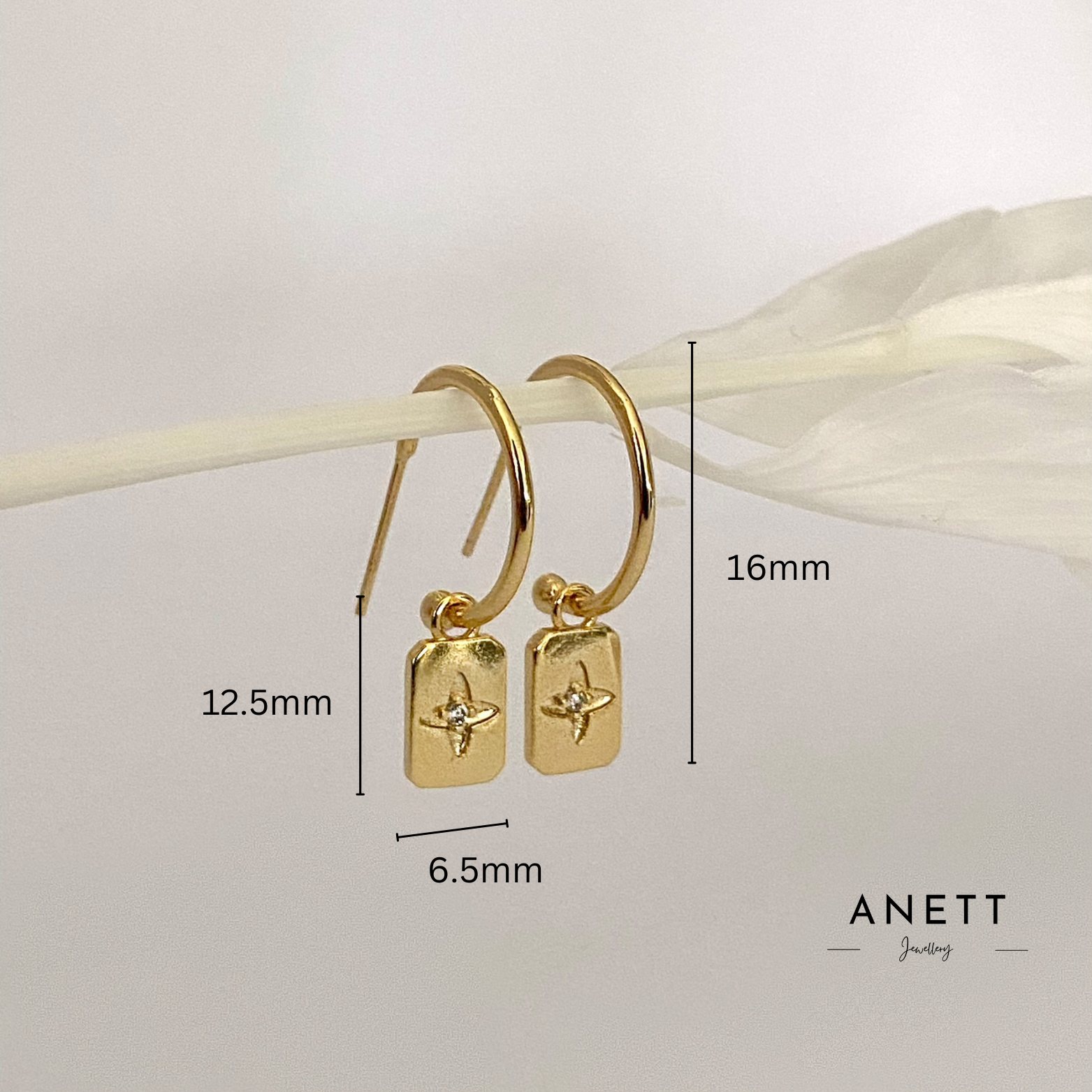 C Hoop Gold Square Dangle Earrings