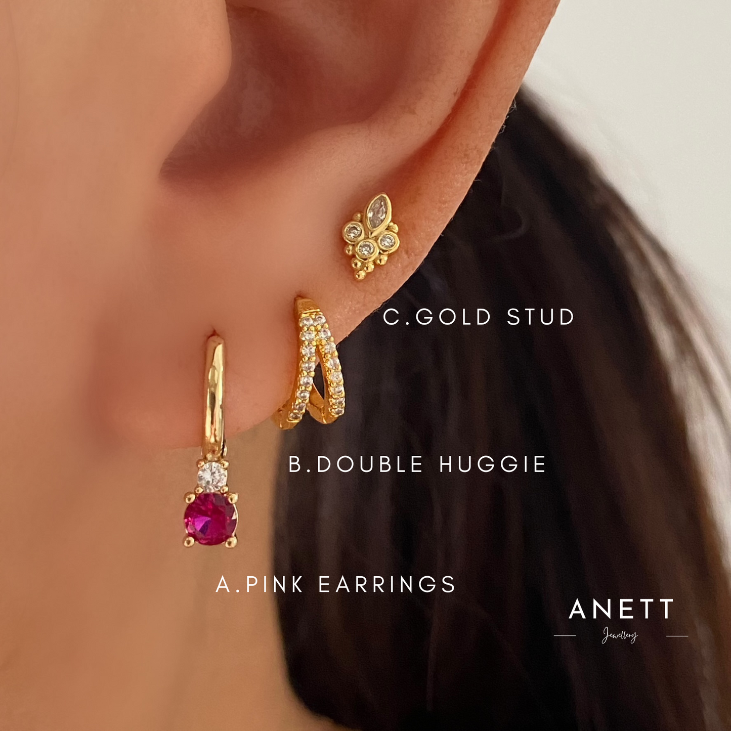 Gold Huggie Hoop Earring- Pink