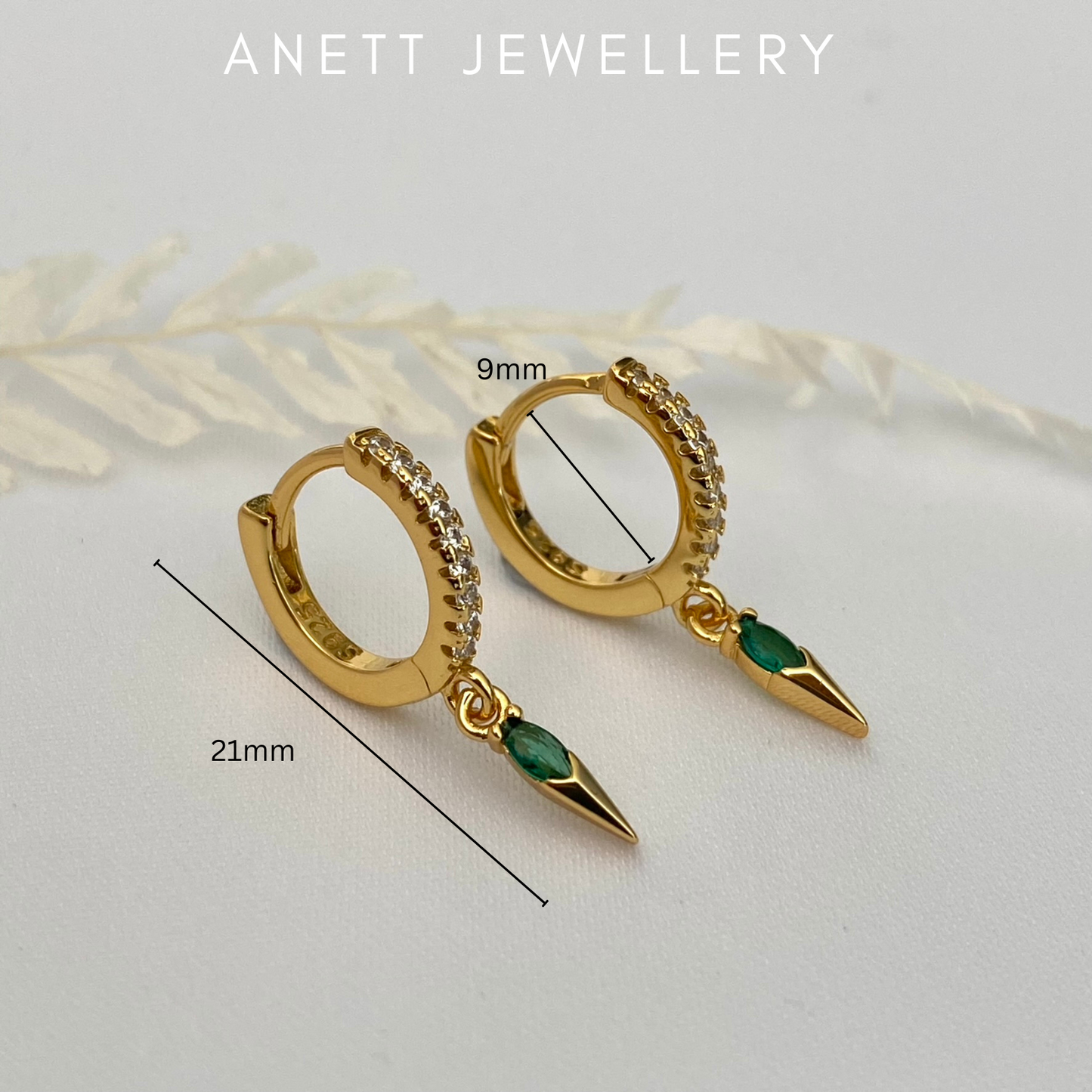 Emerald Earrings, Dainty Green drop Earrings, Cubic Gold Huggie Hoop, 925 Sterling Silver earrings, Emerald Cubic Gold Earrings
