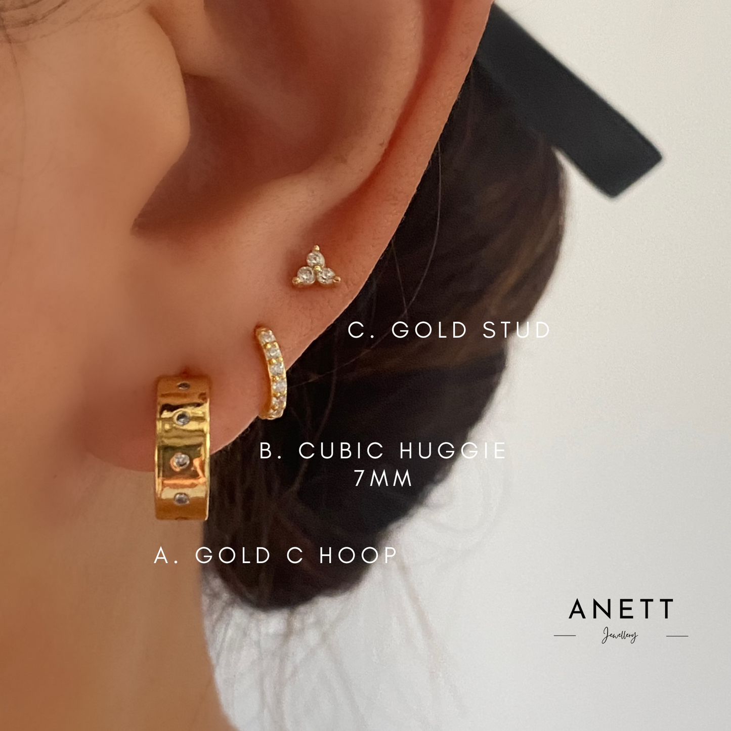 Gold C Hoop Earrings, Gold Ear Stack Set