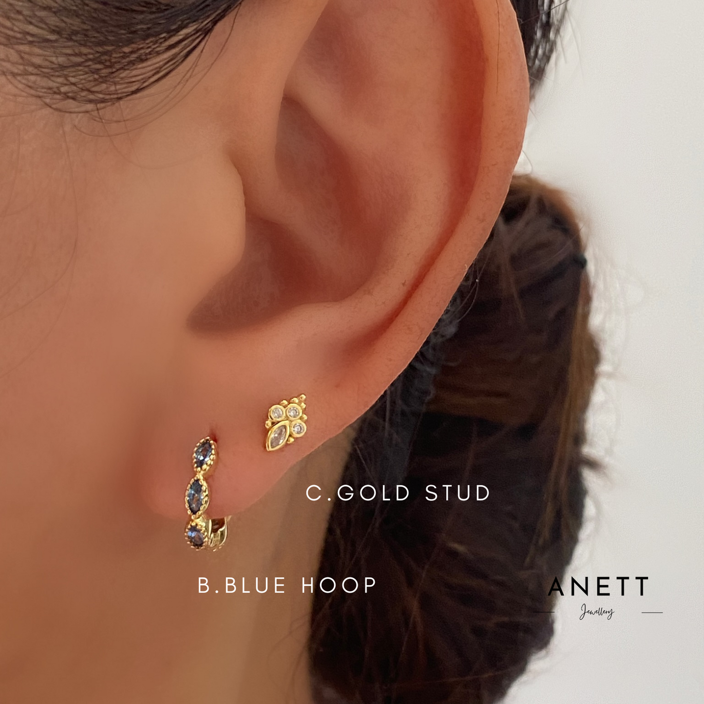Blue Marquise Gold Dangle Hoop Earring Stacking Set