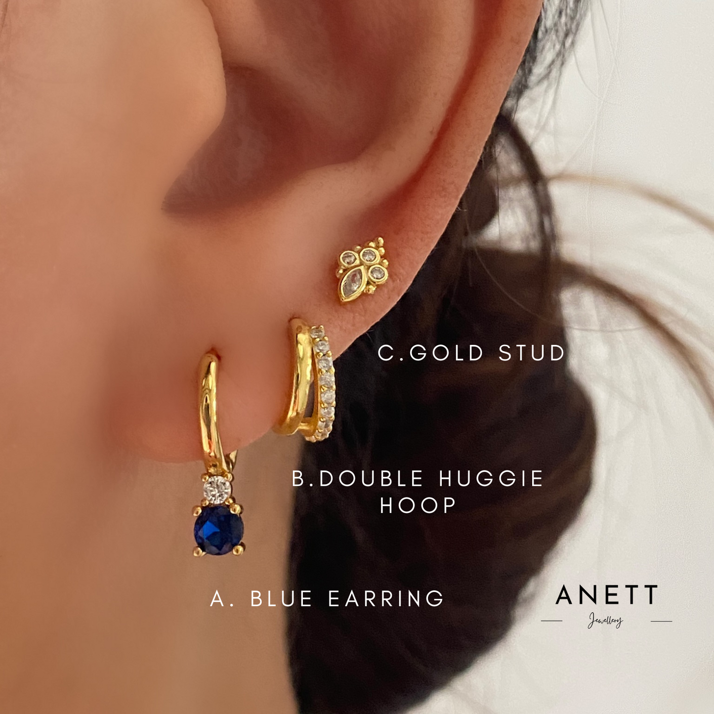 Gold Huggie Hoop Earring- Midnight Blue