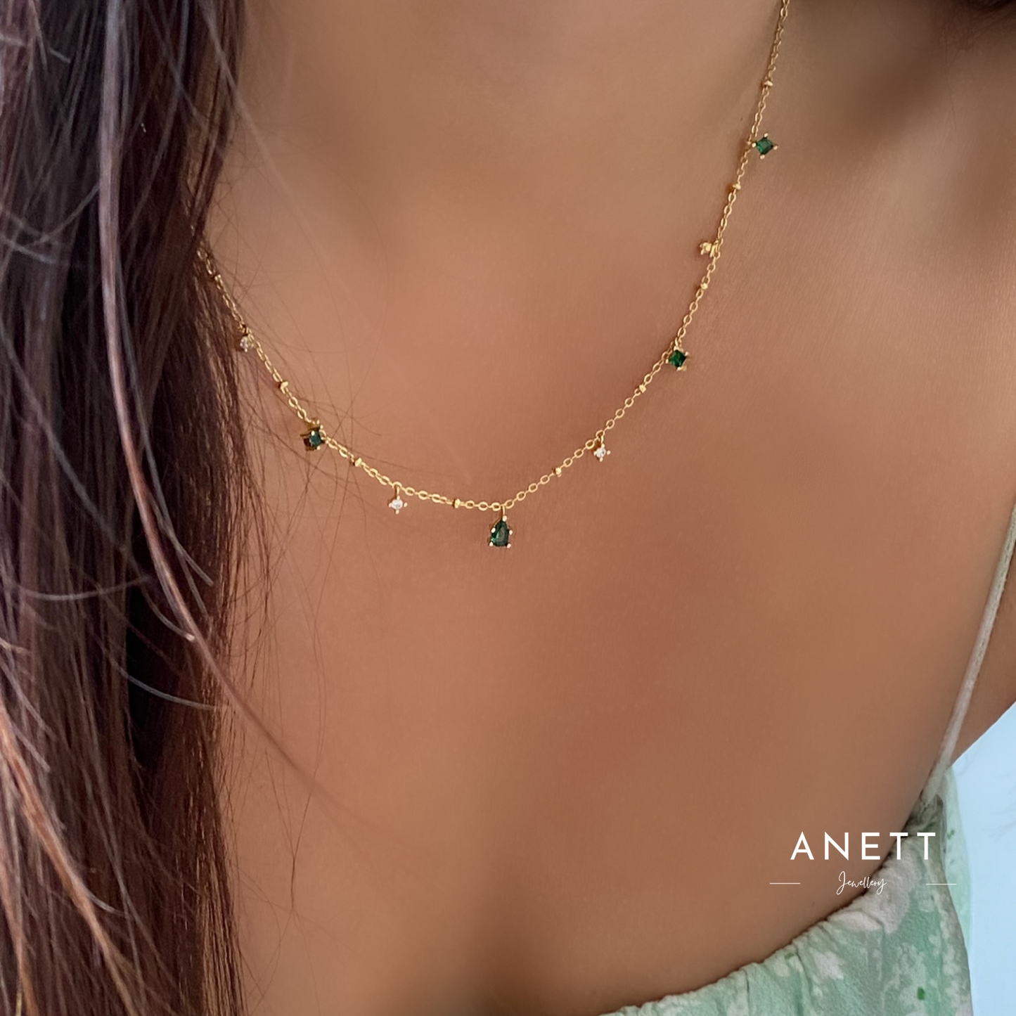 Emerald Green Minimalist Sterling Silver Gold Necklace